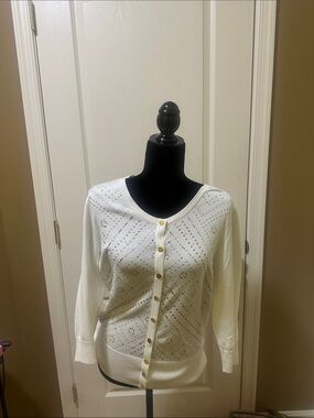 White House Black Market White Pointelle Button-Front Cardigan